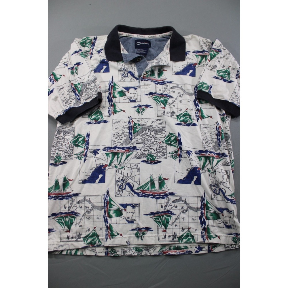 Catalina Polo Shirt Nautical Maps Islands Sailboats White Size Small Cotton